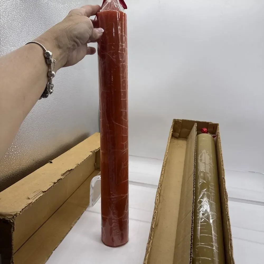 Set Of 2 Vintage 20” Kameyama Japan Large Pillar Candles Orange&Yellow W/Box